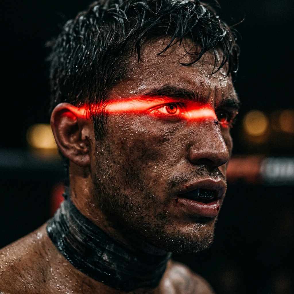 Close-up of a player's face, eyes lit by a red band of light